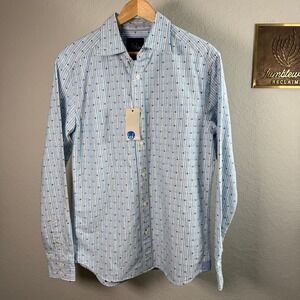 Boden Mens Small Blue White Striped Embroidered Dot Button Down Shirt NWT